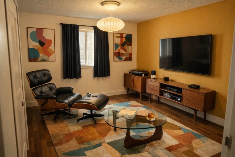 Man cave transformed to Mid-Century Modern style